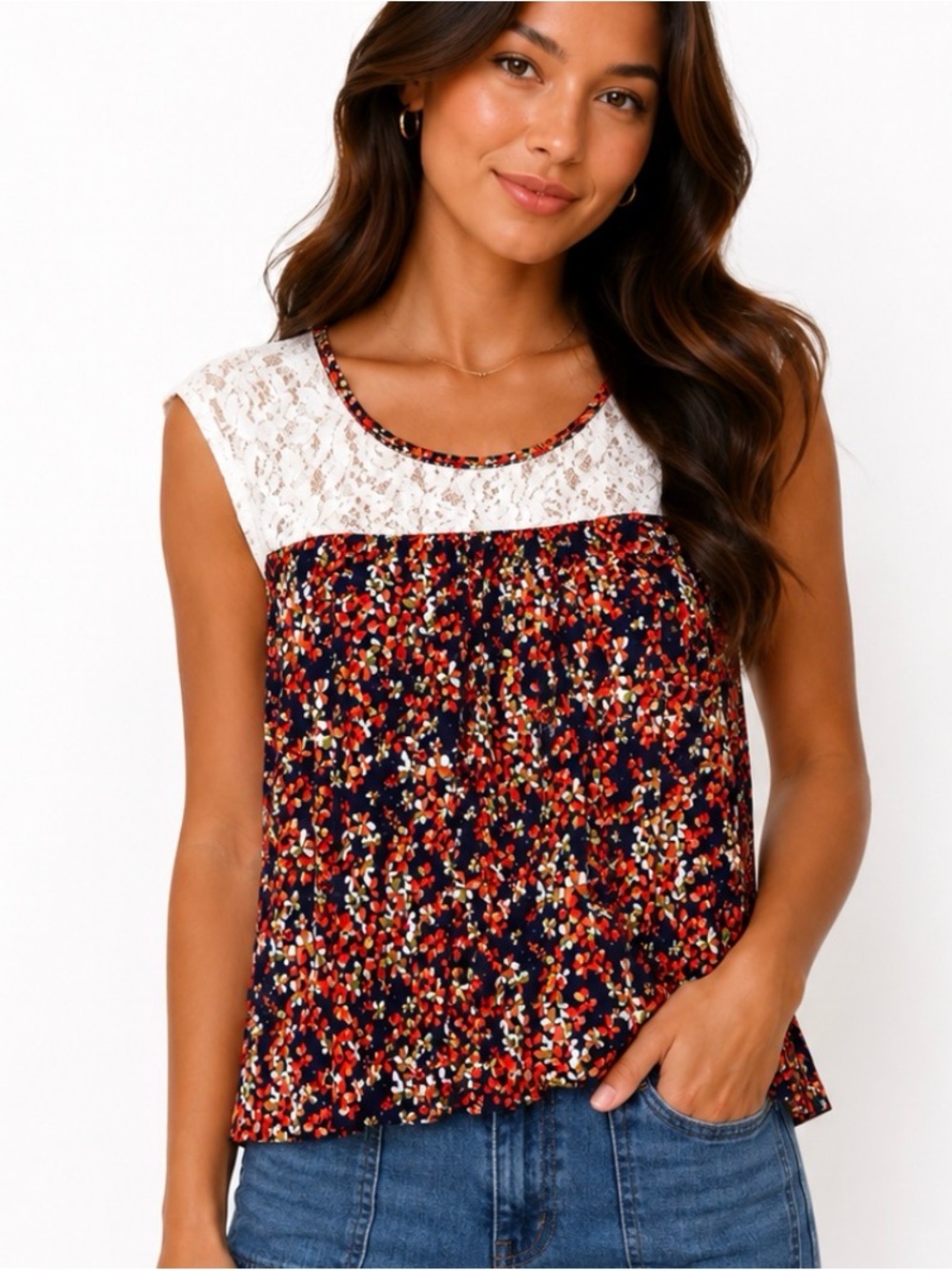 Papermoon Stitch Fix Navy Floral Lace Yoke neck Sleeveless Top high/low SZ SM